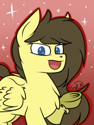 Size: 600x800 | Tagged: safe, artist:luriel maelstrom, oc, oc only, oc:retro hearts, pegasus, pony, chest fluff, female, looking at you, open mouth, raised hoof, signature, simple background, solo