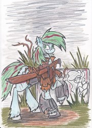 Size: 2504x3476 | Tagged: safe, artist:zubias, oc, oc only, oc:crimson smiles, earth pony, pony, female, high res, mare, solo, sword, traditional art, weapon