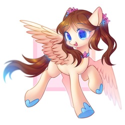 Size: 1800x1800 | Tagged: safe, artist:leafywind, oc, oc only, pegasus, pony, abstract background, choker, colored pupils, cute, female, flying, hairband, hoof shoes, mare, open mouth, pigtails, smiling, solo, spread wings, starry eyes, wingding eyes, wings