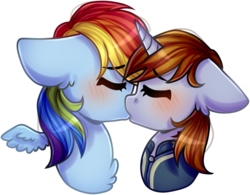 Size: 1778x1389 | Tagged: safe, artist:grapegrass, rainbow dash, oc, oc:littlepip, pegasus, pony, unicorn, fallout equestria, g4, blushing, canon x oc, chest fluff, clothes, cute, ear fluff, eyes closed, fanfic, fanfic art, female, floppy ears, horn, jumpsuit, kiss on the lips, kissing, lesbian, mare, ship:pipdash, shipping, simple background, time travel, transparent background, vault suit, wings