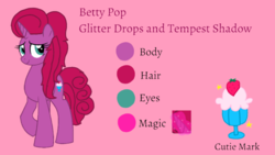 Size: 1920x1080 | Tagged: safe, artist:徐詩珮, oc, oc:betty pop, pony, unicorn, cutie mark, horn, magic, magical lesbian spawn, next generation, offspring, parent:glitter drops, parent:tempest shadow, parents:glittershadow, pink background, reference sheet, simple background