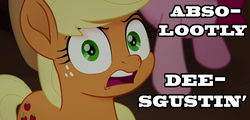 Size: 1670x804 | Tagged: safe, screencap, applejack, pinkie pie, earth pony, pony, g4, my little pony: the movie, absolutely disgusting, caption, cowboy hat, cropped, duo, female, hat, image macro, mare, meme, solo focus, text