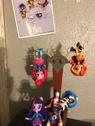 Size: 1536x2048 | Tagged: safe, artist:theanimefanz, dj pon-3, pinkie pie, twilight sparkle, vinyl scratch, equestria girls, g4, chair, doll, equestria girls minis, eqventures of the minis, iceman, irl, marvel, marvel legends, merchandise, photo, toy, x-men