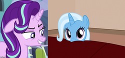 Size: 1080x500 | Tagged: safe, artist:badumsquish-edits, edit, edited screencap, screencap, starlight glimmer, trixie, pony, unicorn, g4, adorable face, cute, duo, female, floppy ears, lip bite, looking at you, mare