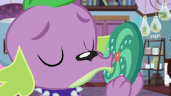 Size: 1920x1080 | Tagged: safe, screencap, spike, spike the regular dog, dog, equestria girls, g4, my little pony equestria girls: better together, reboxing with spike!, fabulous fido's faberge flying disk, frisbee, kissing, paws, spike's dog collar