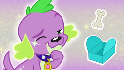 Size: 1920x1080 | Tagged: safe, screencap, spike, spike the regular dog, dog, equestria girls, g4, my little pony equestria girls: better together, reboxing with spike!, collar, cute, emoji, fangs, male, one eye closed, paws, spikabetes, wink