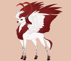 Size: 1024x878 | Tagged: safe, artist:dementra369, oc, oc only, oc:war, deer, eikerren, original species, antlers, calm, chest fluff, colored wings, colored wingtips, deer oc, doe, female, non-pony oc, red eyes, simple background, solo, spread wings, tan background, wings