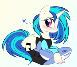 Size: 2290x2010 | Tagged: safe, artist:mint-light, dj pon-3, vinyl scratch, pony, shark, unicorn, g4, animal, black socks, blushing, blåhaj, clothes, cute, female, heart, high res, mare, plushie, shark plushie, simple background, smiling, socks, solo, stockings, swimsuit, thigh highs, vinylbetes, white background