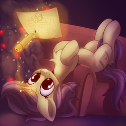 Size: 3000x3000 | Tagged: safe, artist:anti1mozg, oc, oc only, oc:lavrushka, pony, unicorn, chest fluff, christmas, christmas lights, christmas tree, couch, cute, female, glowing horn, high res, holiday, horn, magic, mare, smiling, solo, telekinesis, tree
