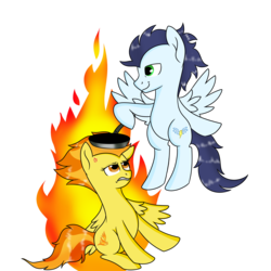 Size: 3000x3000 | Tagged: safe, artist:rainbowtashie, soarin', spitfire, pegasus, pony, g4, angry, annoyed, cross-popping veins, duo, female, fire, frying pan, high res, male, mare, mundane utility, simple background, spitfire's hair is fire, stallion, transparent background