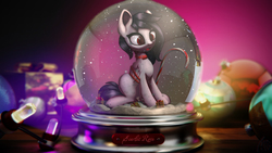 Size: 4096x2304 | Tagged: safe, artist:muggod, oc, oc only, oc:scarlet rose, pegasus, pony, bound wings, christmas, cute, digital art, female, glass, glowing, holiday, mare, micro, modeling, snow globe, solo, surprised, tied, ych result
