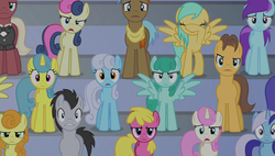 Size: 1266x720 | Tagged: safe, screencap, beaude mane, bon bon, caramel, carrot top, cherry berry, golden harvest, lemon hearts, light stream, linky, lucky clover, minuette, neigh sayer, parasol, sea swirl, seafoam, shoeshine, spring melody, sprinkle medley, sunshower raindrops, sweetie drops, twinkleshine, earth pony, pegasus, pony, unicorn, equestria games (episode), g4, background pony, background pony audience, clothes, facehoof, female, male, mare, necktie, scarf, spread wings, stallion, varying degrees of do not want, wings