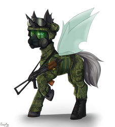 Size: 2000x2200 | Tagged: safe, artist:serodart, oc, oc only, changeling, pony, aks-74u, army, body armor, boots, camouflage, changeling oc, clothes, commission, gas mask, goggles, gun, handgun, helmet, heterochromia, high res, looking at you, male, mask, pistol, russia, shoes, simple background, soldier, solo, uniform, weapon, white background