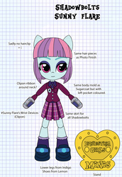 Size: 1897x2752 | Tagged: safe, artist:darkhooves, derpibooru exclusive, sunny flare, equestria girls, g4, adoraflare, clothes, concept, crystal prep academy uniform, crystal prep shadowbolts, cute, darkhooves wastes our time, digital art, doll, equestria girls minis, eyeshadow, female, graph paper, makeup, mockup, pleated skirt, ribbon, school uniform, shoes, skirt, smiling, socks, solo, stand, sunny flare's wrist devices, toy