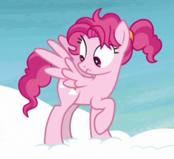 Size: 428x391 | Tagged: safe, screencap, bifröst, pegasus, pony, g4, school raze, background pony, female, friendship student, looking back, mare, raised hoof, spread wings, standing on a cloud, wings