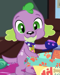 Size: 512x630 | Tagged: safe, screencap, spike, spike the regular dog, dog, equestria girls, g4, my little pony equestria girls: better together, reboxing with spike!, clothes, cute, fabulous fido's faberge flying disk, looking at you, paws, slippers, smiling, spikabetes, tail