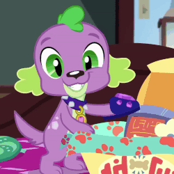 Size: 800x800 | Tagged: safe, screencap, spike, spike the regular dog, dog, equestria girls, g4, my little pony equestria girls: better together, reboxing with spike!, animated, clothes, cropped, cute, fabulous fido's faberge flying disk, gif, looking at you, paws, slippers, smiling, spikabetes, spike's dog collar, tail, tail wag