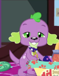 Size: 347x450 | Tagged: safe, screencap, spike, spike the regular dog, dog, equestria girls, equestria girls series, g4, reboxing with spike!, spoiler:eqg series (season 2), animated, clothes, collar, cute, fabulous fido's faberge flying disk, gif, male, paws, slippers, smiling, spikabetes, tail, tail wag