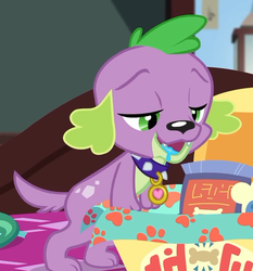 Size: 586x630 | Tagged: safe, screencap, spike, spike the regular dog, dog, equestria girls, g4, my little pony equestria girls: better together, reboxing with spike!, box, collar, cropped, drool, drool string, fabulous fido's faberge flying disk, looking down, male, paws, tail