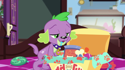 Size: 1920x1080 | Tagged: safe, screencap, spike, spike the regular dog, dog, equestria girls, equestria girls series, g4, reboxing with spike!, spoiler:eqg series (season 2), box, collar, drool, drool string, fabulous fido's faberge flying disk, looking down, male, paws, spike's dog collar, tail