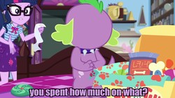 Size: 1920x1080 | Tagged: safe, edit, edited screencap, screencap, sci-twi, spike, spike the regular dog, twilight sparkle, dog, equestria girls, g4, my little pony equestria girls: better together, reboxing with spike!, bill, caption, fabulous fido's faberge flying disk, geode of telekinesis, image macro, magical geodes, text