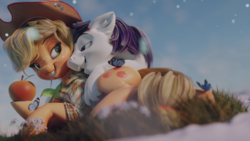 Size: 1280x720 | Tagged: safe, artist:v747, applejack, oc, oc:constance everheart, butterfly, earth pony, pony, g4, 3d, apple, applejack's hat, bedroom eyes, canon x oc, clothes, cowboy hat, cuddling, cutie mark, everjack, female, food, hat, lidded eyes, male, mare, on side, plaid, shipping, shirt, smiling, snow, straight