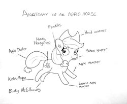 Size: 1755x1440 | Tagged: safe, artist:tjpones, applejack, earth pony, pony, g4, anatomy, anatomy guide, applejack's hat, black and white, bucky mcgillicutty, cowboy hat, cute, ear fluff, female, freckles, grayscale, hat, jackabetes, kicks mcgee, lineart, mare, monochrome, simple background, solo, text, traditional art, white background, yeehaw