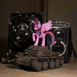 Size: 1080x1080 | Tagged: safe, twilight sparkle, alicorn, pony, g4, camera, female, figurine, scale model, solo, tank (vehicle), toy, twilight sparkle (alicorn)