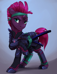 Size: 1020x1320 | Tagged: safe, artist:silfoe, tempest shadow, pony, unicorn, g4, my little pony: the movie, armor, broken horn, commission, dusk guard, female, guardsmare, headband, horn, katana, looking at you, mare, raised hoof, royal guard, samurai, simple background, solo, sword, tempest becomes a royal guard, twilight's royal guard, weapon