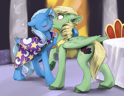 Size: 1320x1020 | Tagged: safe, artist:silfoe, trixie, oc, oc:mark wells, alicorn, pegasus, pony, unicorn, fanfic:off the mark, g4, alicornified, blushing, canon x oc, cape, clothes, cute, duo, ear fluff, eyes closed, fake wings, fanfic art, female, floppy ears, frown, kiss on the lips, kissing, leg fluff, male, mare, markxie, race swap, raised hoof, shipping, smiling, stallion, straight, surprise kiss, surprised, table, trixie's cape, trixiecorn, unshorn fetlocks, wide eyes, wing fluff