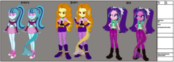 Size: 5211x1881 | Tagged: safe, artist:invisibleink, adagio dazzle, aria blaze, sonata dusk, monster girl, siren, equestria girls, g4, alternate clothes, alternate design, belly button, claws, converse, evil, evil grin, fanfic, fanfic art, fins, fish tail, grin, midriff, monster, reference sheet, sharp teeth, shoes, show accurate, smiling, tail, teeth, the dazzlings