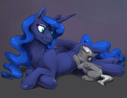 Size: 3300x2550 | Tagged: safe, artist:silfoe, princess luna, oc, oc:night mist, alicorn, bat pony, bat pony alicorn, pony, g4, adopted offspring, alicorn oc, breastfeeding, colt, cute, derail in the comments, ear fluff, eyes closed, eyeshadow, female, floppy ears, foal, gradient background, gray background, high res, horses doing horse things, leg fluff, lidded eyes, looking back, lunabetes, makeup, male, mare, maternaluna, missing accessory, mother and son, nonsexual nursing, nursing, ocbetes, offspring, on side, prone, silfoe is trying to murder us, simple background, sitting, smiling, story included, suckling, unshorn fetlocks