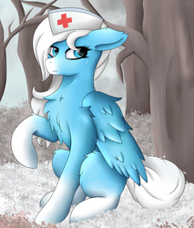 Size: 2555x3000 | Tagged: safe, artist:drarkusss0, oc, oc only, oc:icy heart, pegasus, pony, blue, coat markings, female, fluffy, high res, nurse, raised hoof, snow, socks (coat markings), solo, ych result