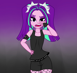 Size: 1900x1800 | Tagged: safe, artist:mashoart, aria blaze, equestria girls, g4, my little pony equestria girls: rainbow rocks, aria flat, armband, belt, breasts, clothes, cute, cute little fangs, delicious flat chest, fangs, female, fishnet stockings, hand on hip, open mouth, shorts, solo, studded belt, tank top