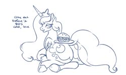 Size: 1835x1088 | Tagged: safe, artist:mellowhen, princess luna, alicorn, pony, both cutie marks, burger, butt, chubby, crown, dialogue, female, food, horseshoes, jewelry, lineart, looking at you, looking back, looking back at you, moonbutt, open mouth, plate, plot, prone, regalia, seductive look, solo, speech, the ass was fat