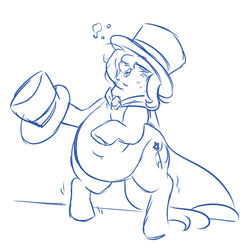 Size: 1162x1161 | Tagged: safe, artist:mellowhen, trixie, unicorn, semi-anthro, g4, arm hooves, belly button, chubby, drunk, drunk bubbles, fat, female, hat, lineart, rearing, sketch, solo, the great and bountiful trixie, top hat