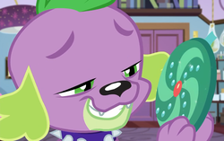 Size: 1146x720 | Tagged: safe, screencap, spike, spike the regular dog, dog, equestria girls, equestria girls series, g4, reboxing with spike!, spoiler:eqg series (season 2), collar, fabulous fido's faberge flying disk, grin, male, paws, sci-twi's room, smiling, spike's dog collar
