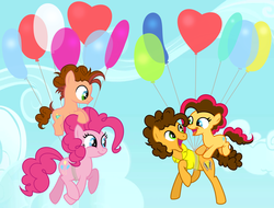 Size: 6424x4880 | Tagged: safe, artist:velveagicsentryyt, cheese sandwich, pinkie pie, oc, oc:party pie, oc:sugar high (velvetsentryyt), earth pony, pony, g4, absurd resolution, balloon, colt, female, filly, floating, male, offspring, parent:cheese sandwich, parent:pinkie pie, parents:cheesepie, ship:cheesepie, shipping, straight, then watch her balloons lift her up to the sky