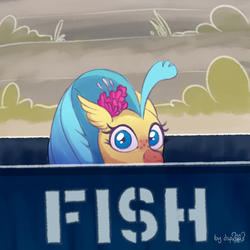 Size: 1536x1536 | Tagged: safe, artist:dsp2003, princess skystar, classical hippogriff, hippogriff, g4, my little pony: the movie, cute, dumpster, female, flower, flower in hair, implied salmon, looking at you, maybe salmon, not salmon yet salmon, peeking, ponified meme, pun, smiling, solo, soon, wat, wide eyes