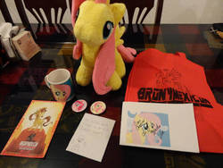 Size: 900x675 | Tagged: safe, fluttershy, oc, oc:tailcoatl, pony, g4, bronymexicon, clothes, irl, photo, plushie, shirt, t-shirt
