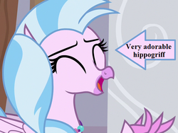 Size: 576x432 | Tagged: safe, edit, edited screencap, editor:korora, screencap, silverstream, g4, the hearth's warming club, arrow, captain obvious, cropped, cute, diastreamies, jewelry, necklace, text, truth