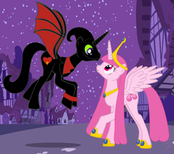 Size: 3904x3472 | Tagged: safe, alicorn, bat pony, bat pony alicorn, pony, g4, adventure time, barely pony related, cartoon network, crack shipping, crossover, crossover shipping, female, high res, hoof shoes, husband and wife, looking up, male, mare, nergal, nergal and princess bubblegum, night, ponyville, princess bubblegum, shipping, stallion, the grim adventures of billy and mandy