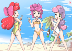 Size: 2923x2067 | Tagged: safe, artist:ryured, apple bloom, scootaloo, spike, sweetie belle, human, g4, ass, beach, bikini, breasts, butt, clothes, cutie mark crusaders, high res, humanized, one-piece swimsuit, open-back swimsuit, small breasts, smiling, swimsuit, underwear