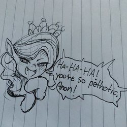 Size: 1080x1080 | Tagged: safe, artist:sharpi, diamond tiara, earth pony, pony, g4, condescending, cute, cute little fangs, fangs, female, implied anon, lined paper, noblewoman's laugh, sketch, solo, traditional art
