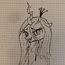 Size: 1080x1080 | Tagged: source needed, safe, artist:sharpi, queen chrysalis, changeling, changeling queen, g4, cute, cutealis, female, graph paper, mare, sketch, solo, tongue out, traditional art
