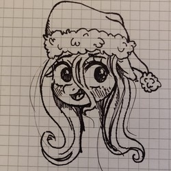 Size: 1080x1080 | Tagged: safe, artist:sharpi, fluttershy, pony, g4, blushing, christmas, cute, female, graph paper, hat, holiday, mare, santa hat, sketch, solo, traditional art