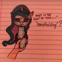 Size: 1080x1080 | Tagged: safe, artist:sharpi, princess luna, human, pony, g4, blushing, dialogue, female, holding hooves, human on pony hoof holding, lined paper, offscreen character, pov, sketch, solo focus, traditional art