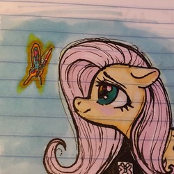 Size: 1080x1080 | Tagged: safe, artist:sharpi, fluttershy, butterfly, pony, g4, cute, female, lined paper, sketch, solo, traditional art