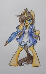 Size: 2540x4050 | Tagged: safe, artist:spheedc, oc, oc only, oc:dream chaser, unicorn, semi-anthro, arm hooves, bipedal, clothes, female, jacket, mare, rule 63, simple background, solo, traditional art, umbrella, white background
