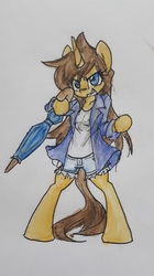 Size: 2355x4198 | Tagged: safe, artist:spheedc, oc, oc only, oc:dream chaser, unicorn, semi-anthro, arm hooves, bipedal, clothes, female, jacket, mare, rule 63, simple background, solo, traditional art, umbrella, white background